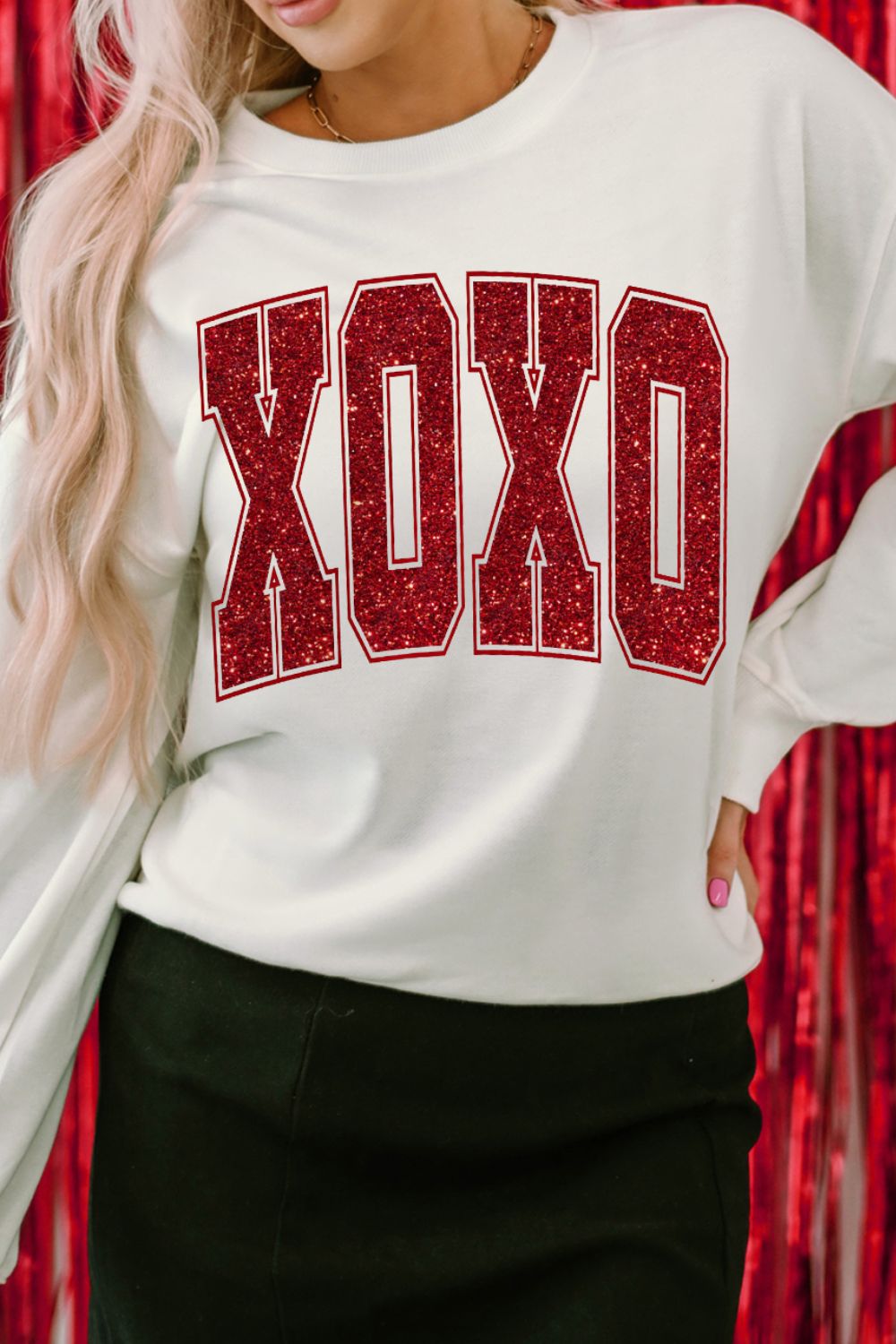 XOXO Glitter Round Neck Sweatshirt